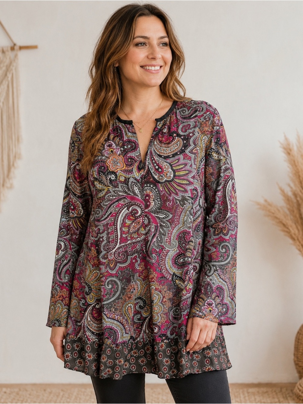 Cino Tunic Women's Large 100% Cotton Paisley Pink Brown Long Sleeve Boho Peasant